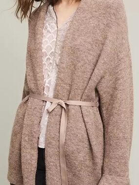 Anthropology Moth cocoa brown Open Front Cardigan w/ attached grosgrain Belt